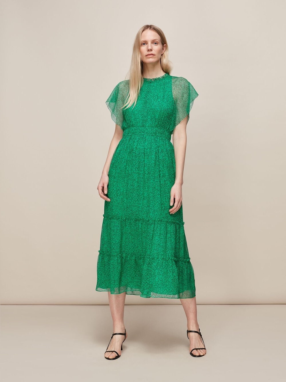 Brand New NWT Whistles Green Sketched Floral Frill Midi Dress - Size 8